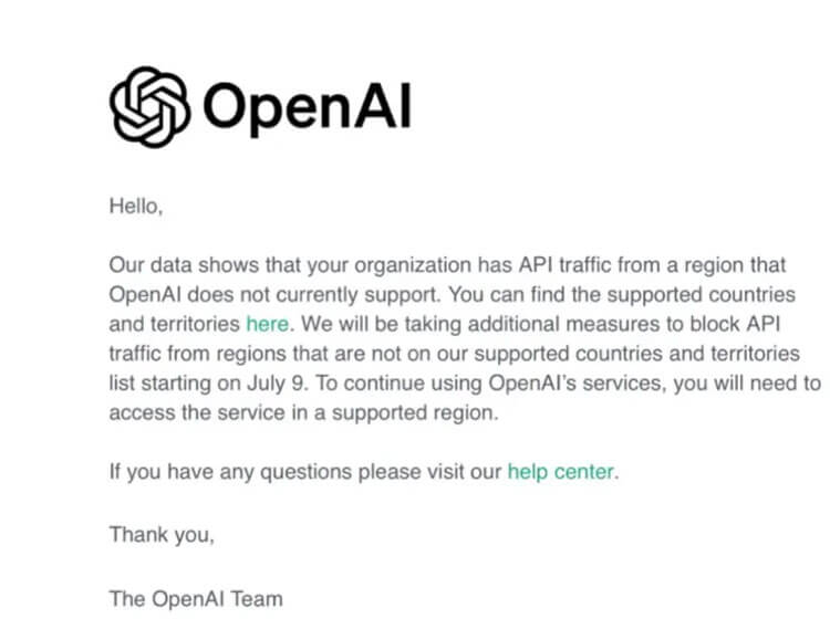 OpenAI 将停止对中国地区用户使用 ChatGPT 的API