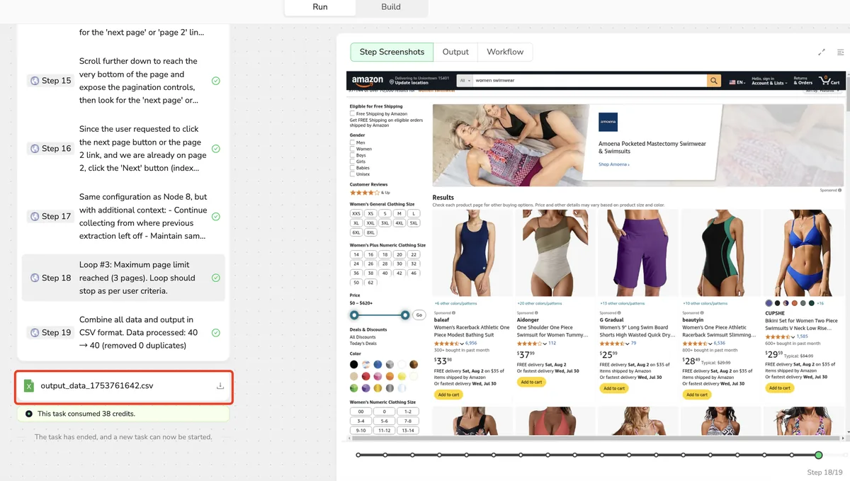 BrowserAct运行网页采集工作流并显示每一步执行结果