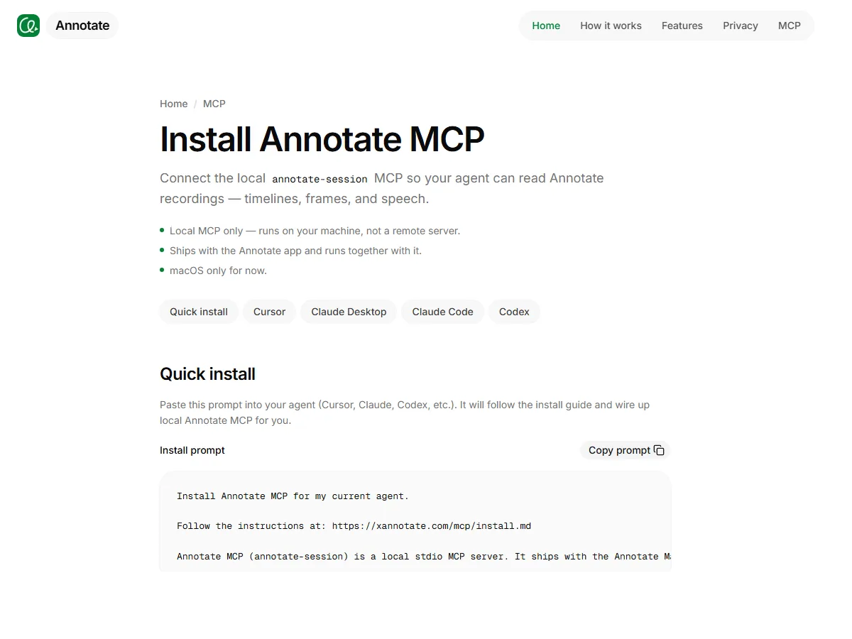 Annotate本地MCP安装页面与Codex配置入口