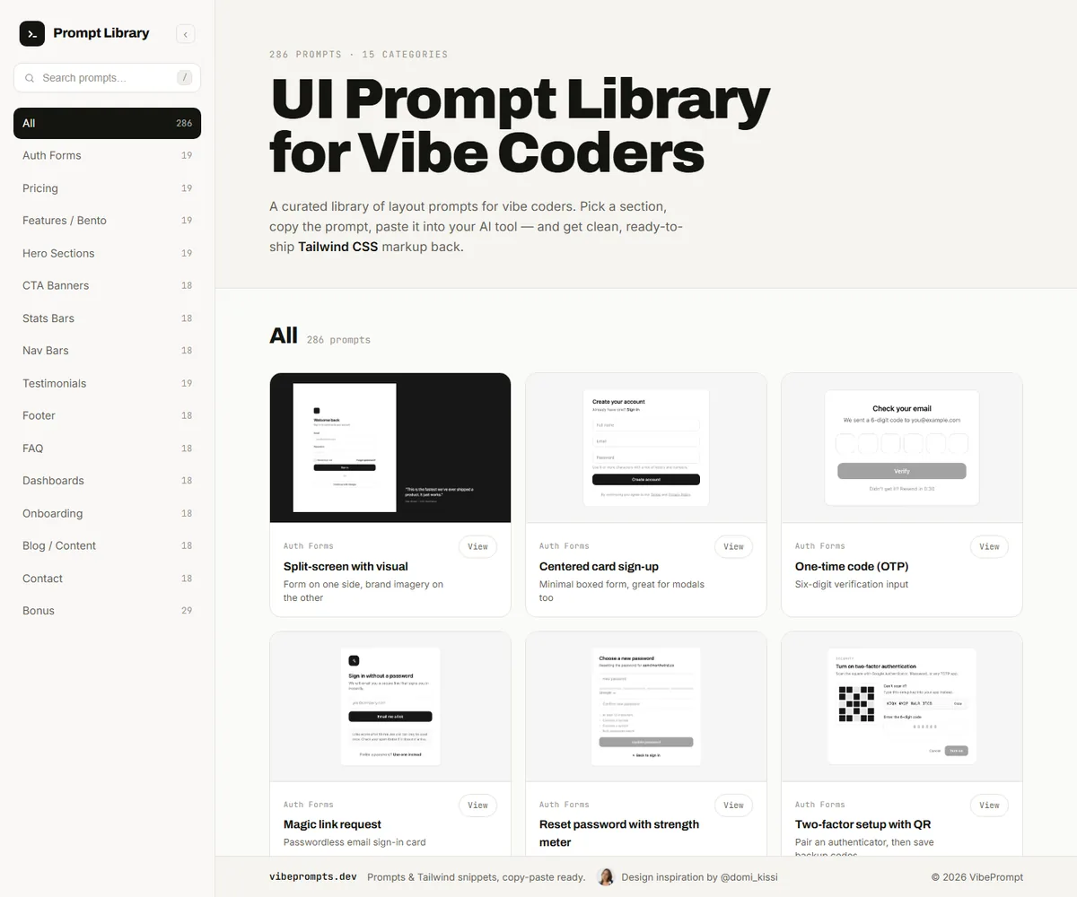 VibePrompt 官网展示 286 条 UI 提示词与 15 个分类