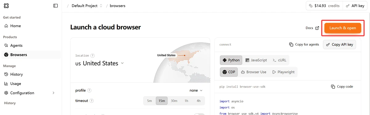 Browser Use 的 Browsers 页面与 Launch & open 启动按钮