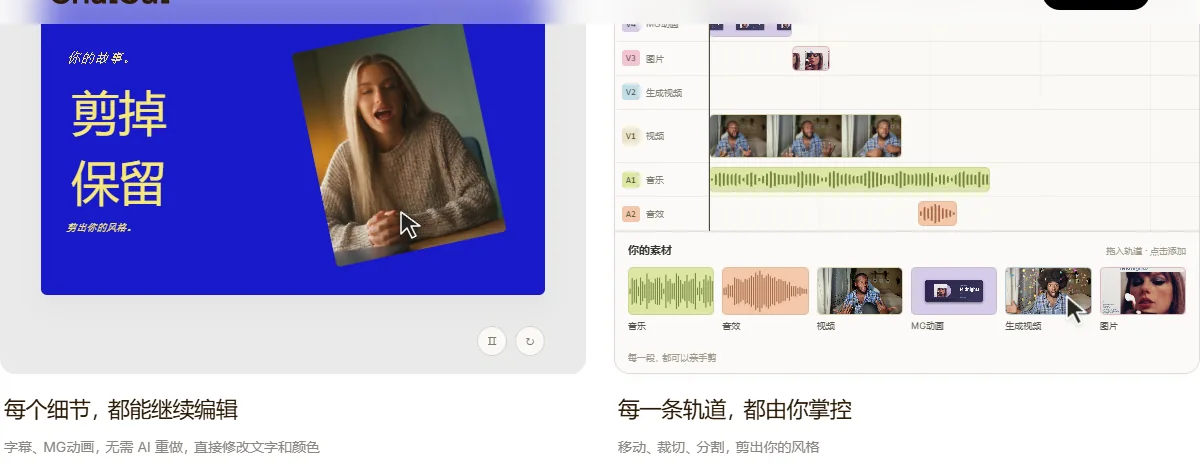 ChatCut 官网展示的素材轨道与手动编辑效果