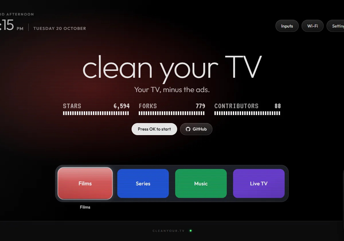 CleanYourTV 官网交互演示中的简洁电视桌面